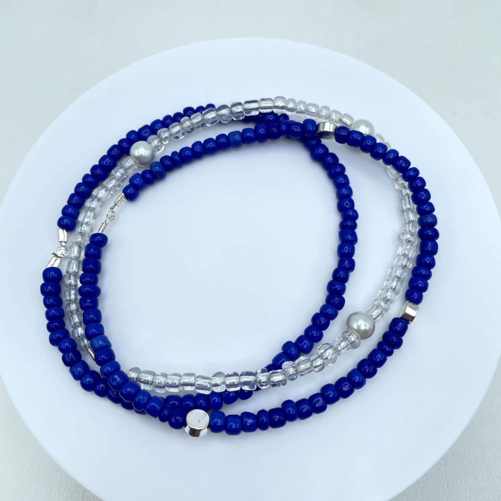 Afro-Caribbean Blue White Seed Beads Mother Of Pearls Triple-Stranded Bracelet - Image 1