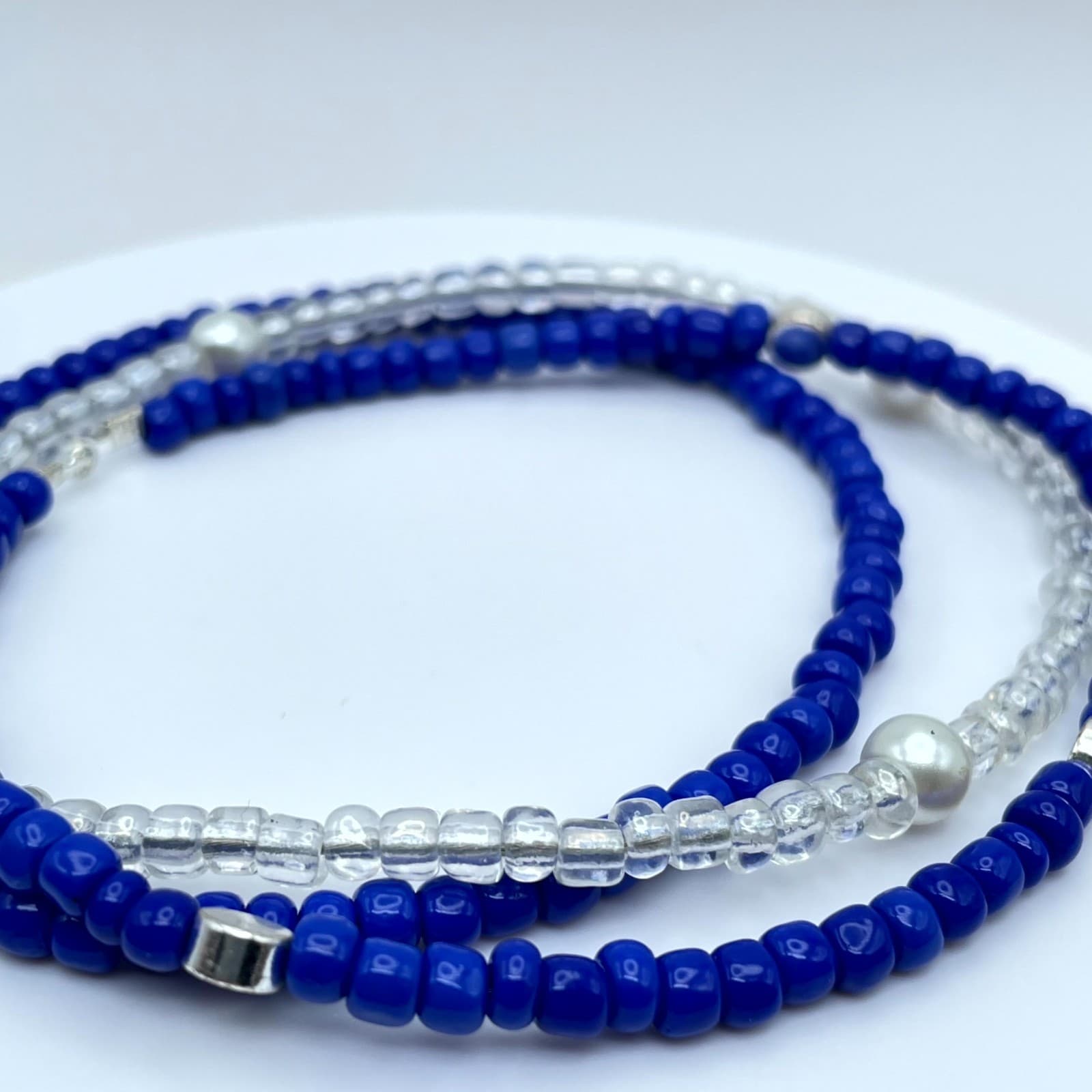 Afro-Caribbean Blue White Seed Beads Mother Of Pearls Triple-Stranded Bracelet - Thumbnail 4