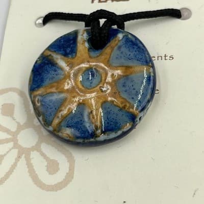Vintage Handmade African Symbols Peace Pendant Necklace Clay Disk Blue Cord - Thumbnail 2