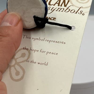 Vintage Handmade African Symbols Peace Pendant Necklace Clay Disk Blue Cord - Thumbnail 5