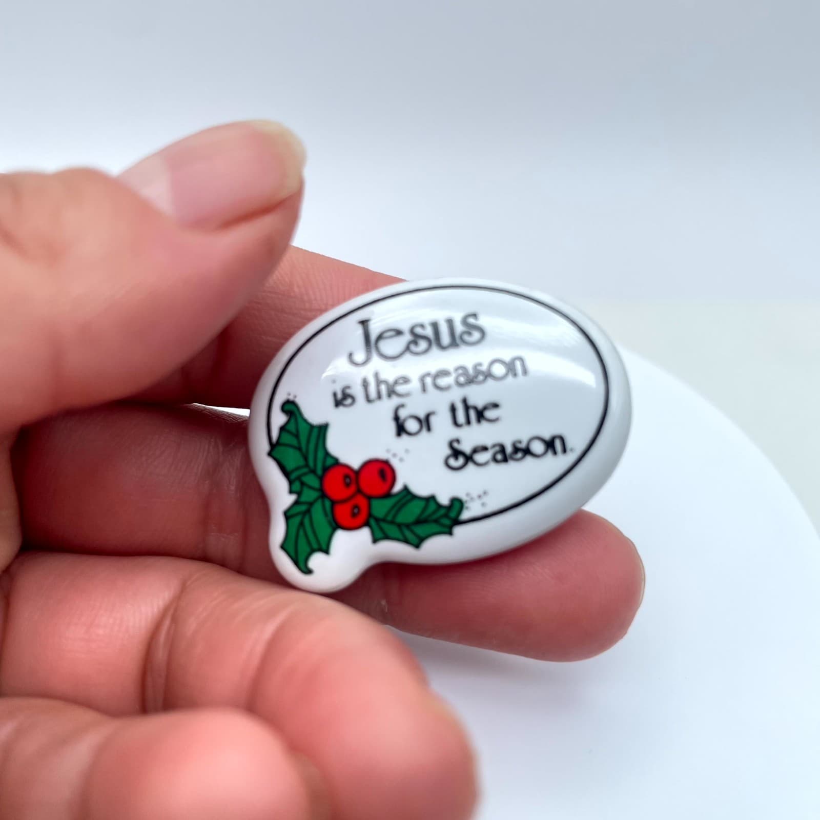 Vintage White Religious Porcelain "Jesus is the Reason for the Season" Lapel Pin - Image 1