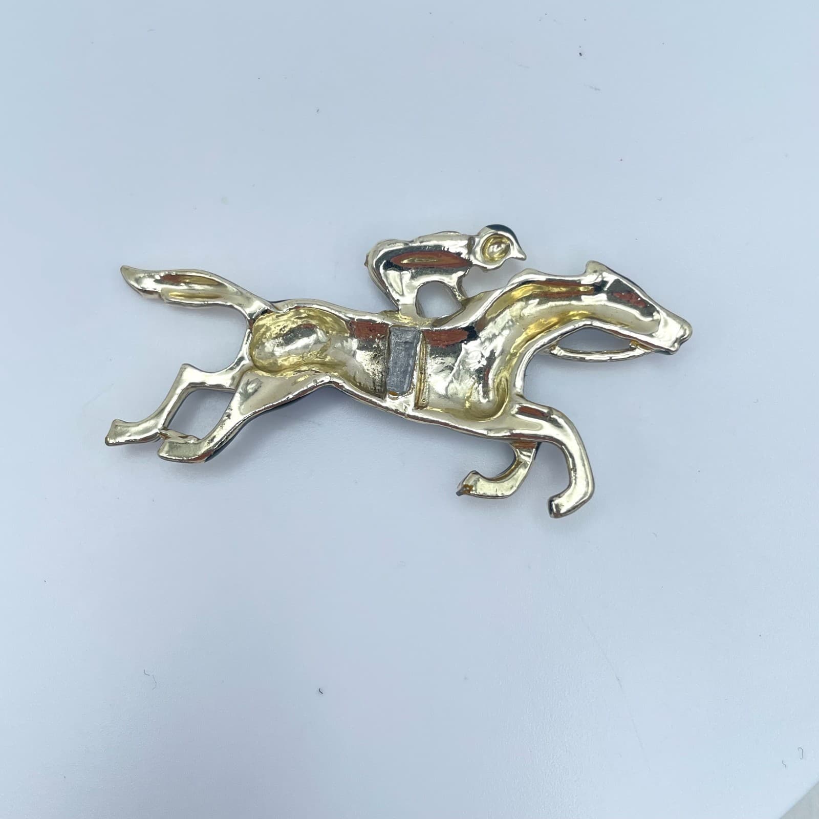 Vintage Y2K Gold Tone Black Enamel Horse and Jockey Badge Classic Jewelry - Thumbnail 8