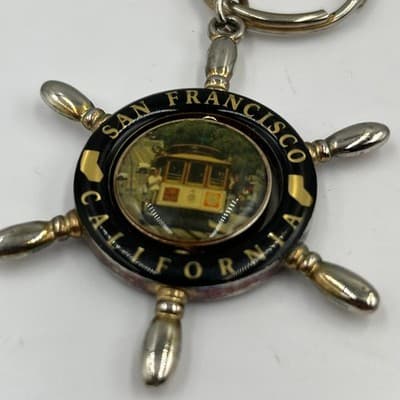 Vintage San Francisco Cable Car, Golden Gate Bridge Ship Wheel Keychain Souvenir - Thumbnail 2