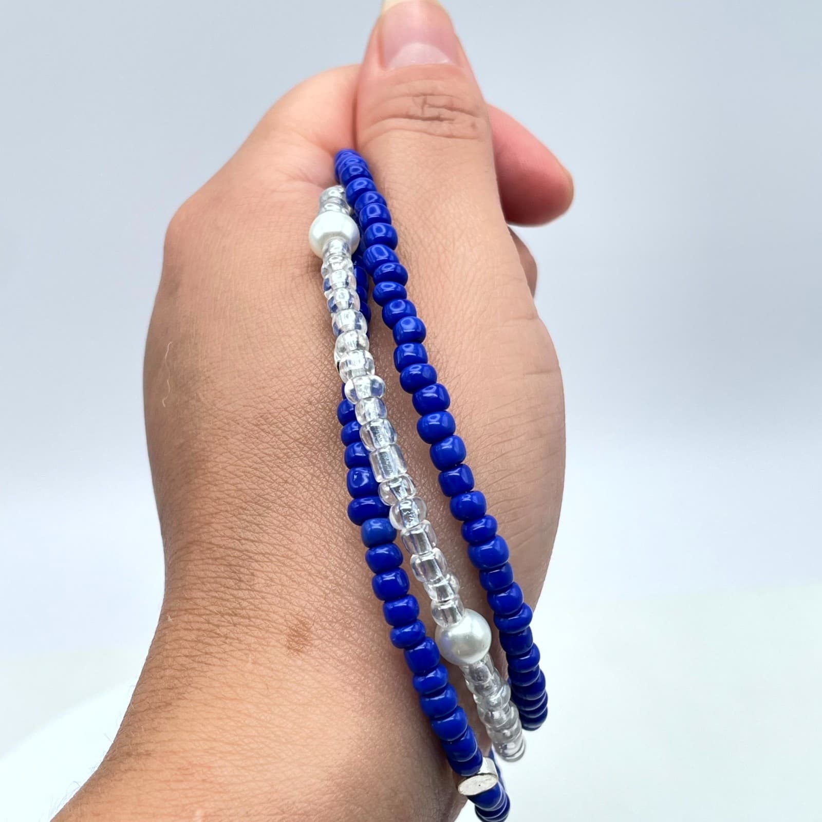 Afro-Caribbean Blue White Seed Beads Mother Of Pearls Triple-Stranded Bracelet - Thumbnail 8