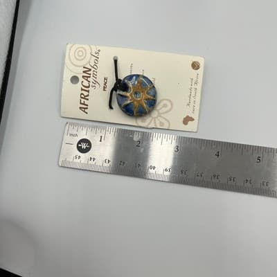 Vintage Handmade African Symbols Peace Pendant Necklace Clay Disk Blue Cord - Thumbnail 8
