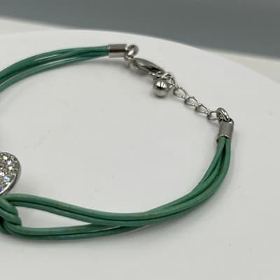 Vintage Lia Sophia Green Cord Bracelet Pave Crystal Disc Charm Adjustable Chain - Thumbnail 4