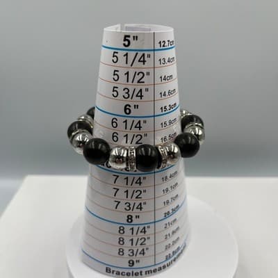 VTG Black Beaded Stretch Bracelet Silver Tone Spacer Rhinestone Round Statement - Thumbnail 9