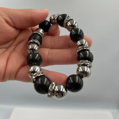 VTG Black Beaded Stretch Bracelet Silver Tone Spacer Rhinestone Round Statement - Thumbnail 8