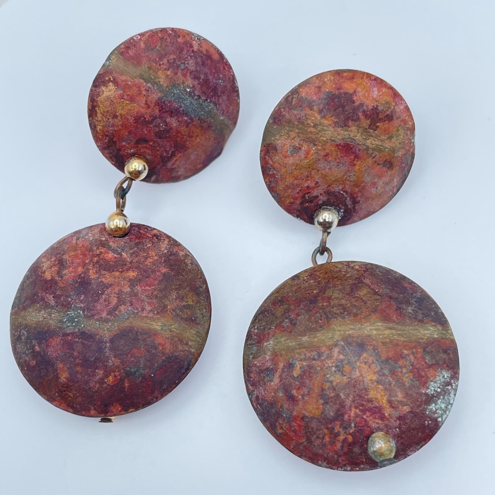 Vintage 80s Round Abstract Rust Enamel Dangle Earrings Modernist Boho Jewelry - Image 1