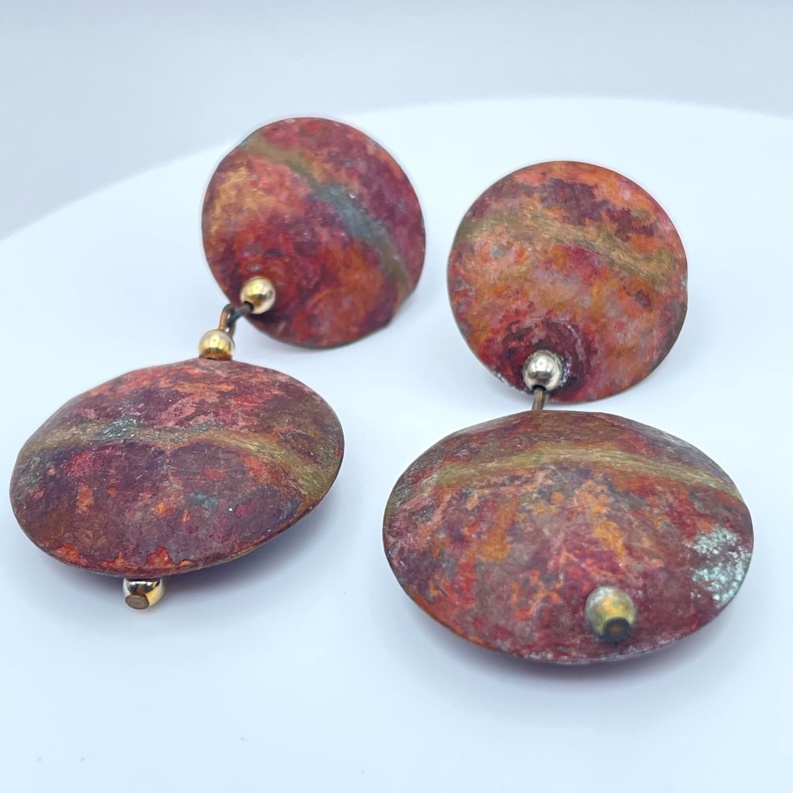 Vintage 80s Round Abstract Rust Enamel Dangle Earrings Modernist Boho Jewelry - Thumbnail 2