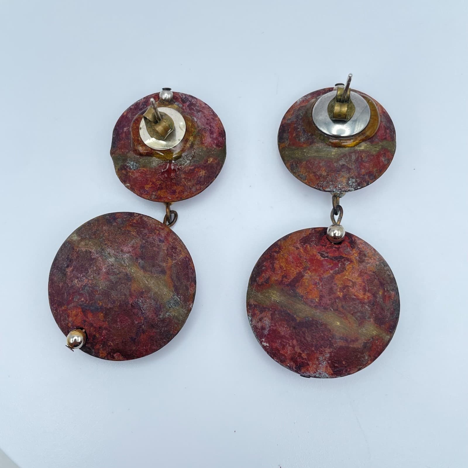 Vintage 80s Round Abstract Rust Enamel Dangle Earrings Modernist Boho Jewelry - Thumbnail 4