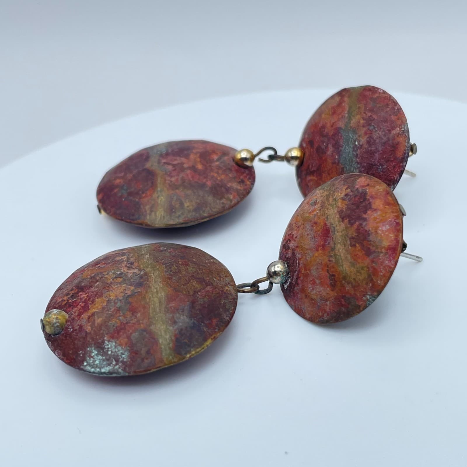 Vintage 80s Round Abstract Rust Enamel Dangle Earrings Modernist Boho Jewelry - Thumbnail 5
