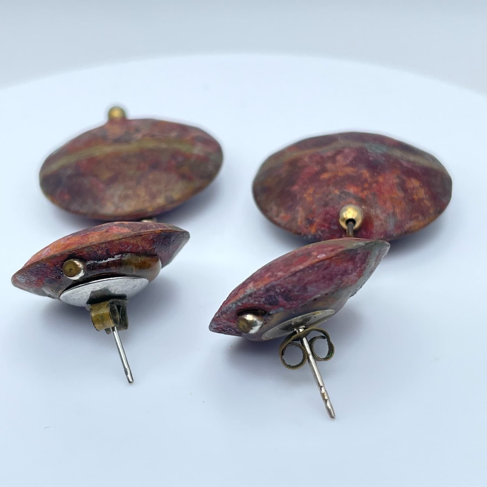 Vintage 80s Round Abstract Rust Enamel Dangle Earrings Modernist Boho Jewelry - Thumbnail 6