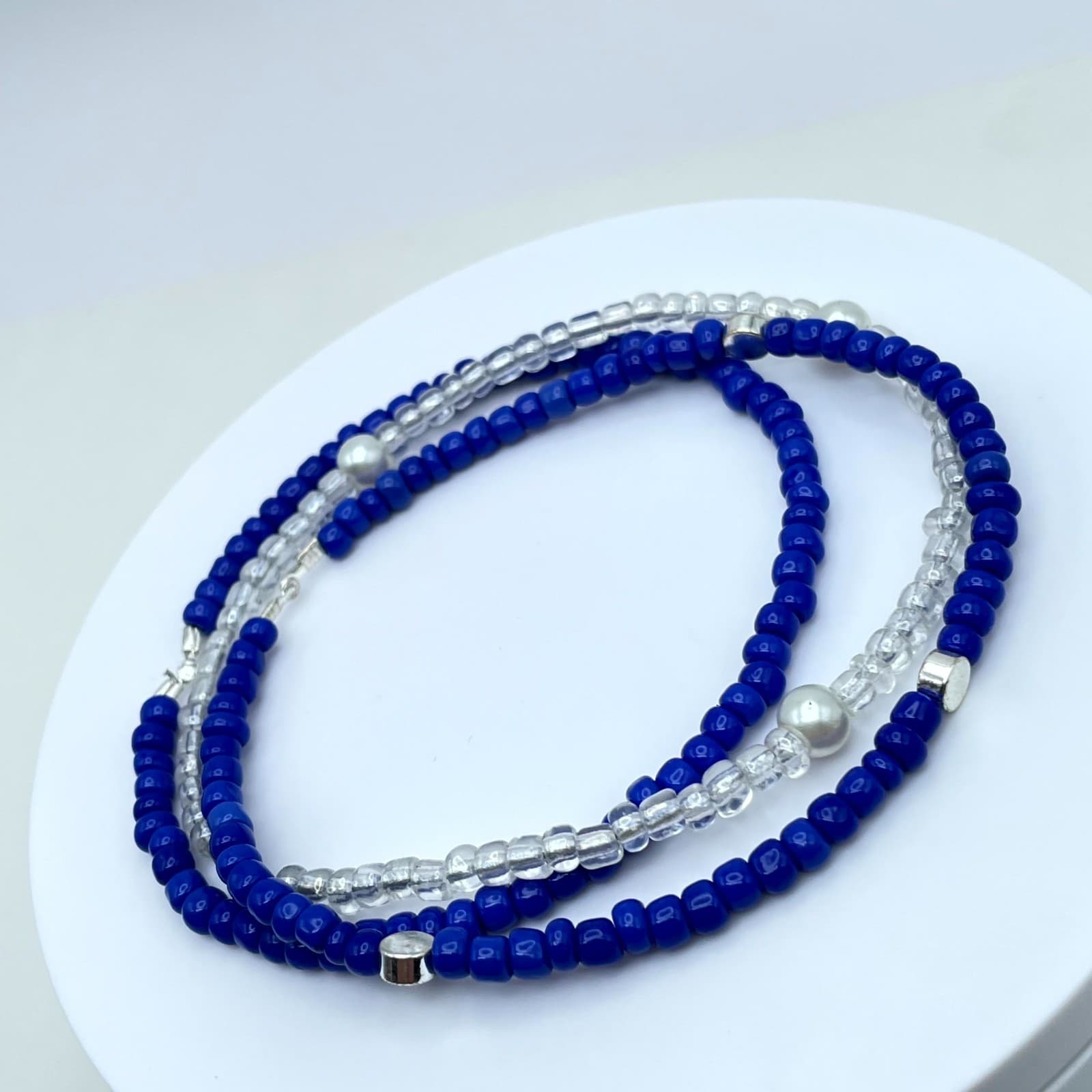 Afro-Caribbean Blue White Seed Beads Mother Of Pearls Triple-Stranded Bracelet - Thumbnail 5