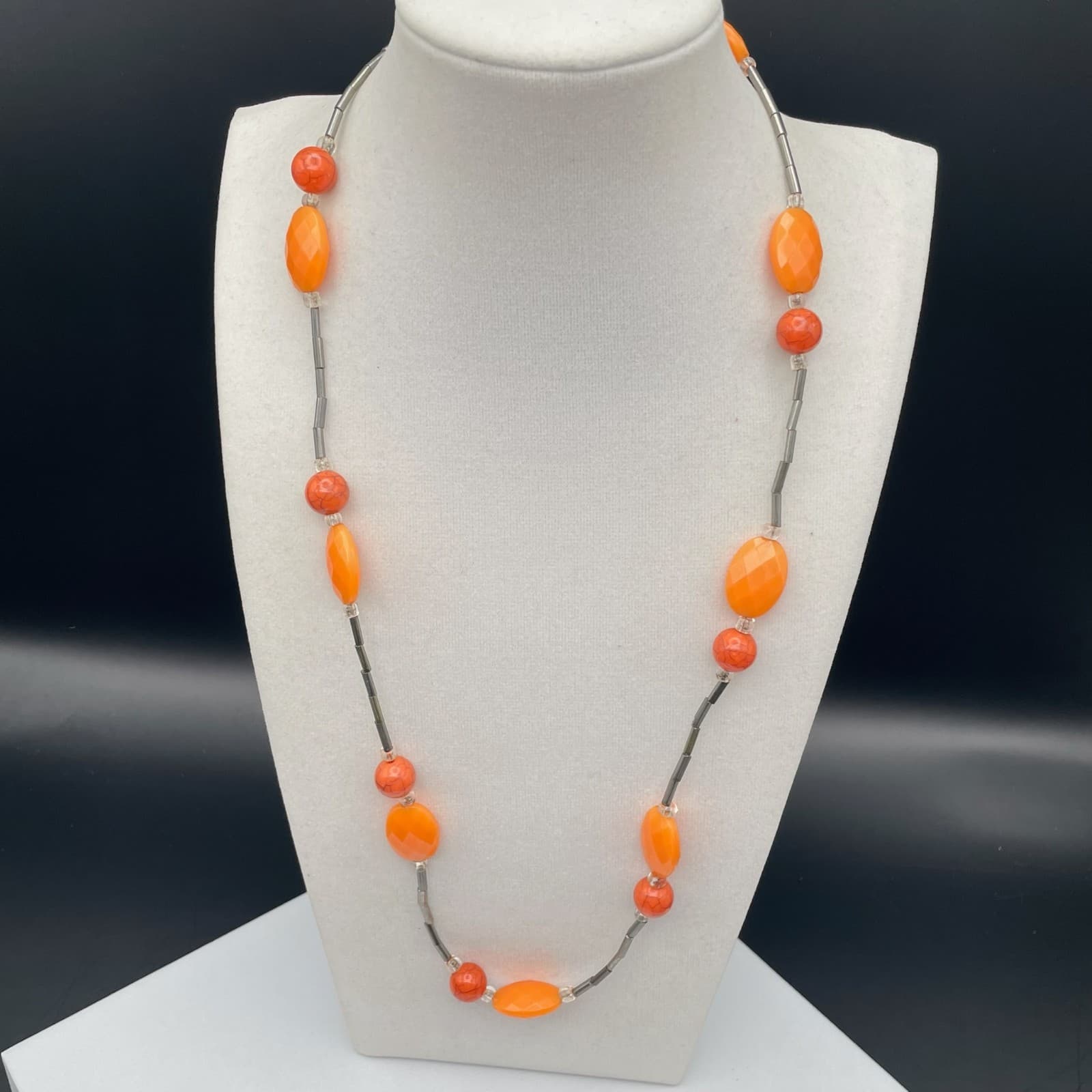 Vintage Long Necklace Orange Acrylic Resin Tube Beads Silver Tone Modern Boho - Thumbnail 3