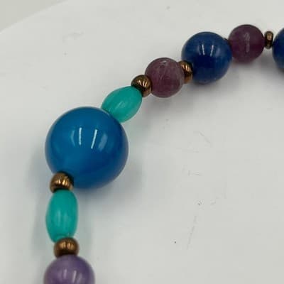 Vintage Beaded Stretch Bracelet Blue Purple Green Round Beads Gold Tone Spacers - Thumbnail 3