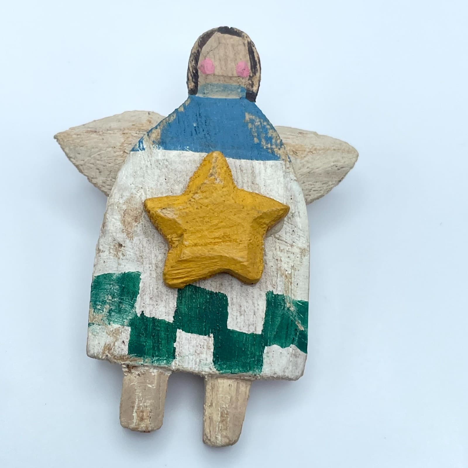 Vintage Beige White Yellow Star Center Folk Art Hand-Carved Wooden Angel Brooch - Thumbnail 5