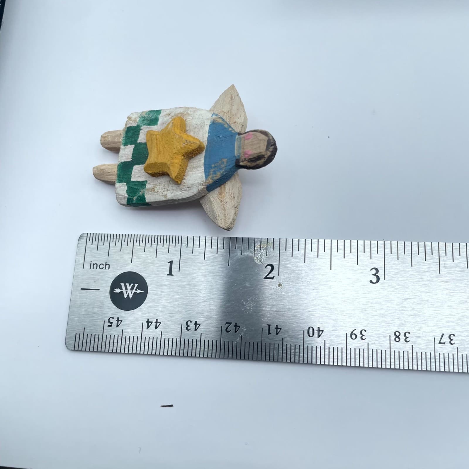 Vintage Beige White Yellow Star Center Folk Art Hand-Carved Wooden Angel Brooch - Thumbnail 2