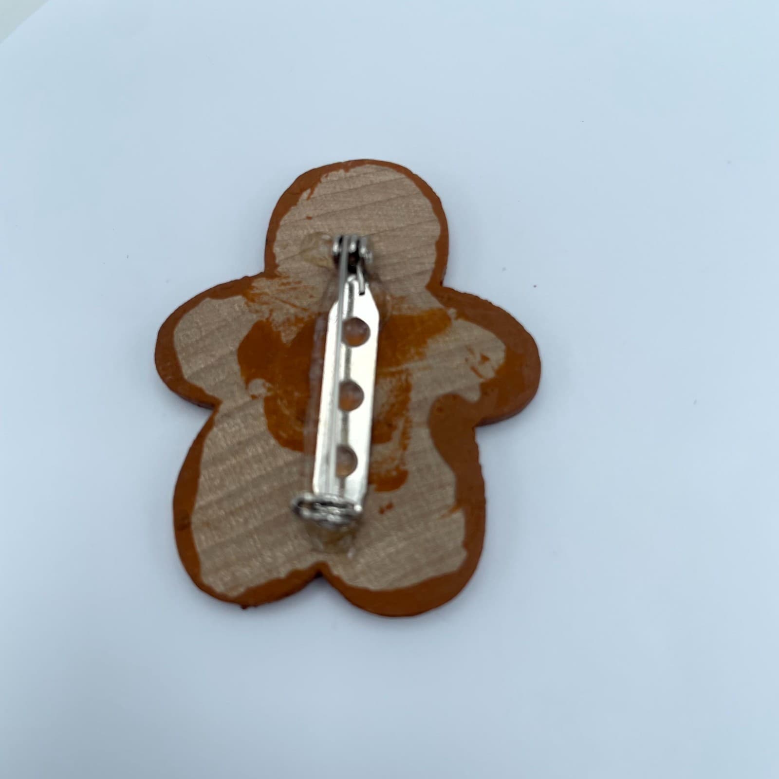 Folk Art Brown Icing Handmade Wood Holiday Cutest Gingerbread Man Brooch Pin - Thumbnail 3