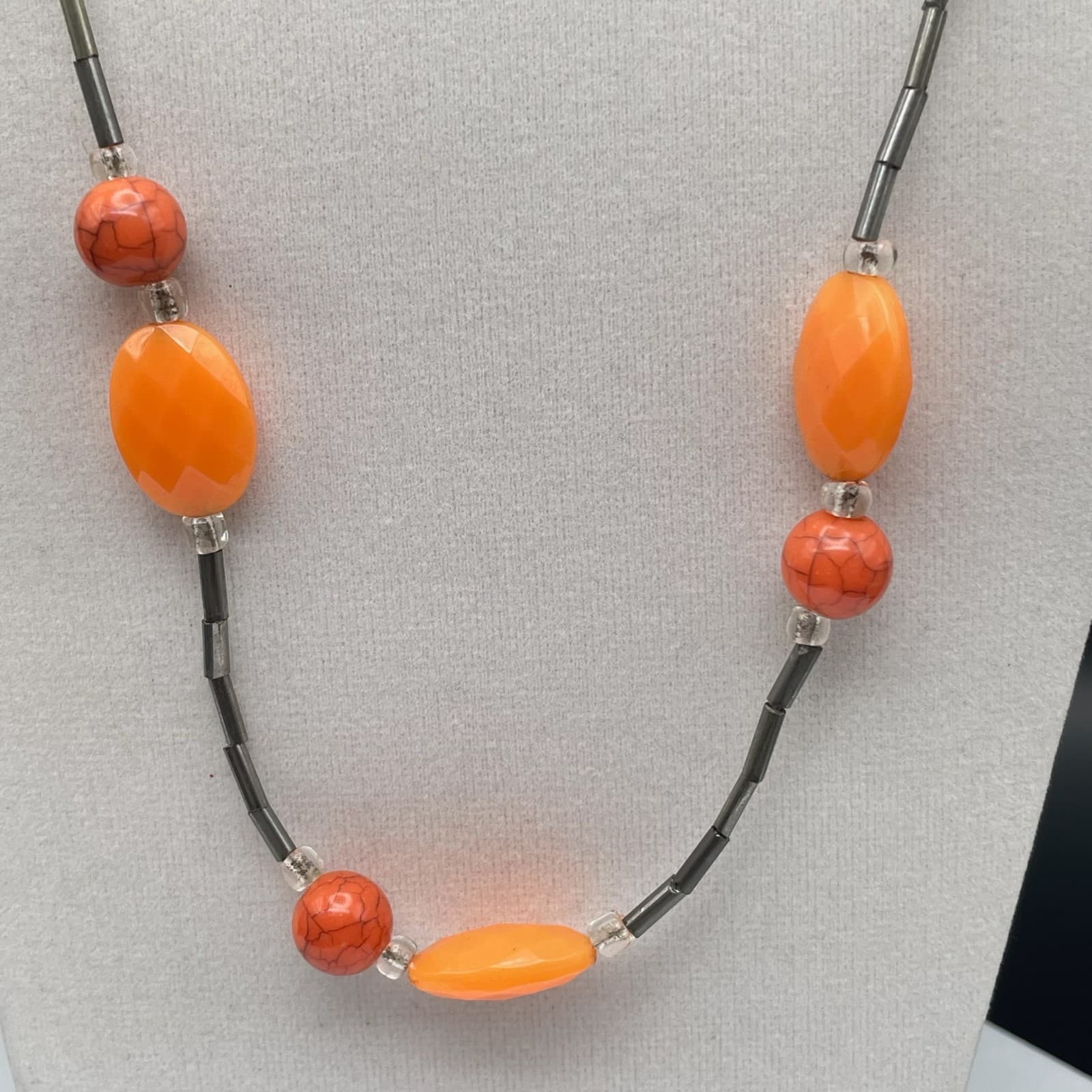 Vintage Long Necklace Orange Acrylic Resin Tube Beads Silver Tone Modern Boho - Thumbnail 6