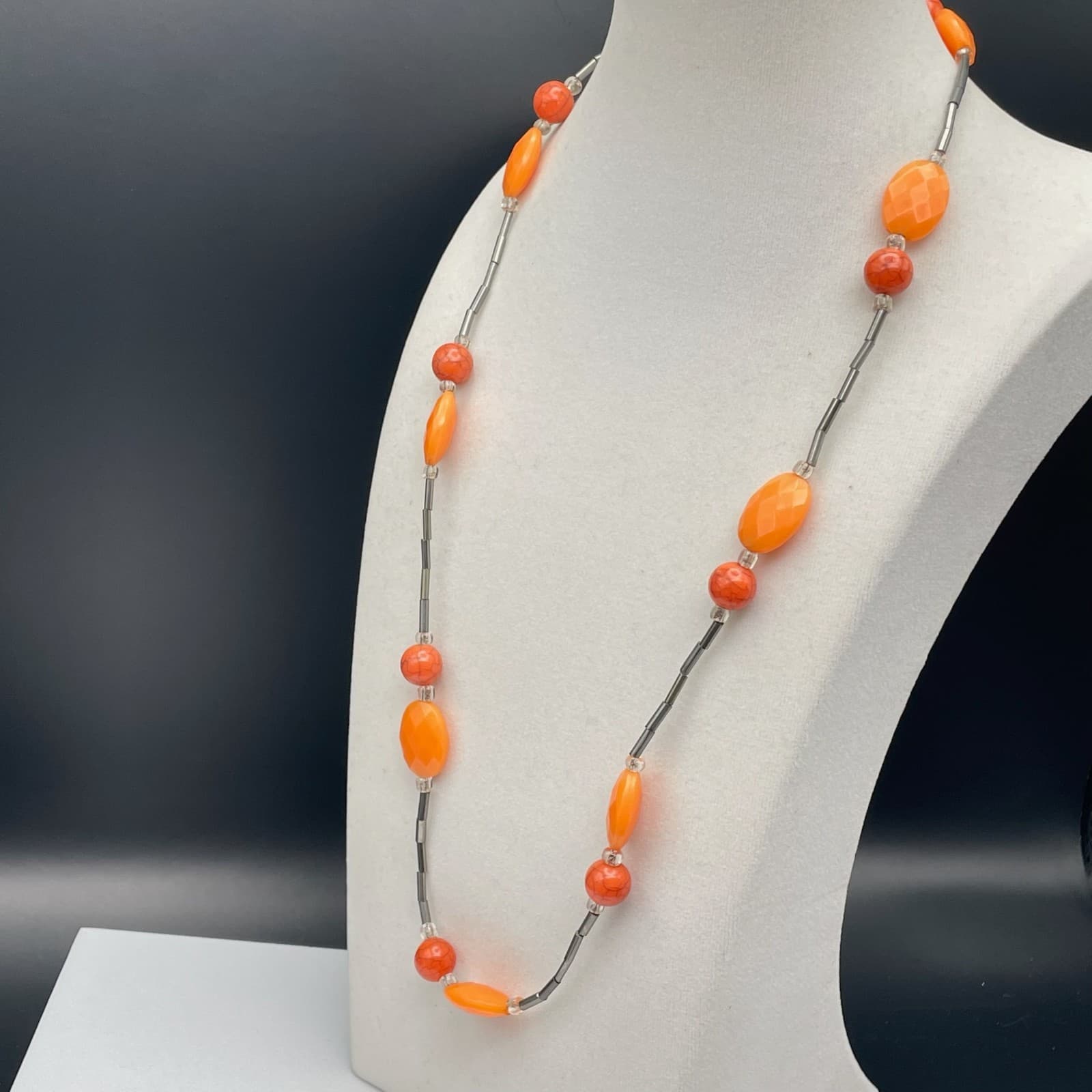 Vintage Long Necklace Orange Acrylic Resin Tube Beads Silver Tone Modern Boho - Thumbnail 9