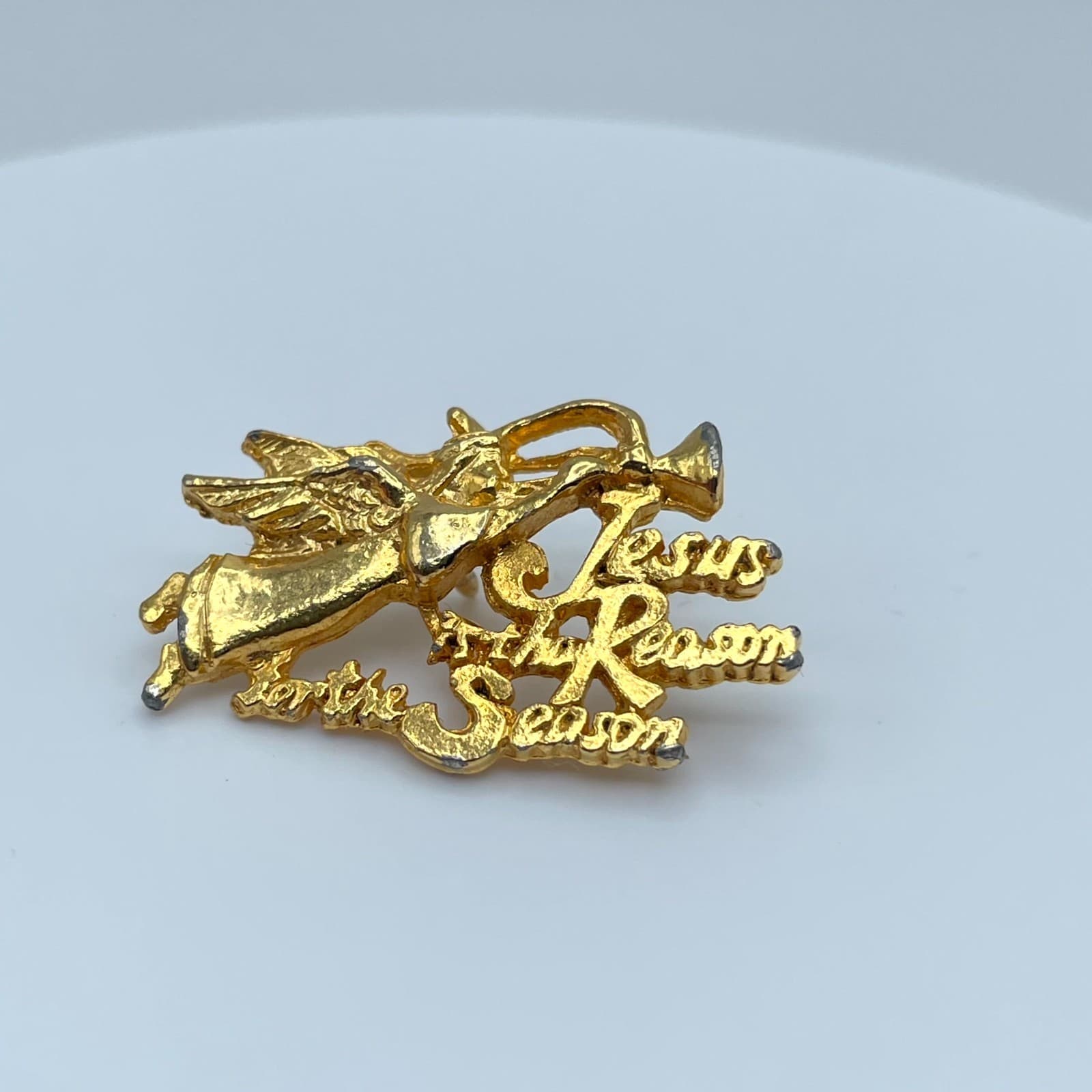 Christmas Themed Gold-Tone "Jesus is the Reason for the Season" Angel Brooch Pin - Thumbnail 4