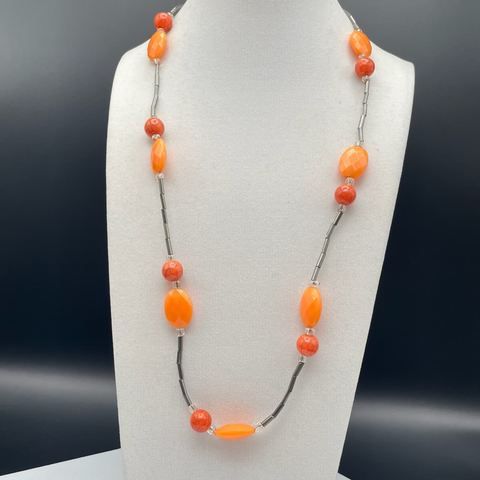Vintage Long Necklace Orange Acrylic Resin Tube Beads Silver Tone Modern Boho - Image 1