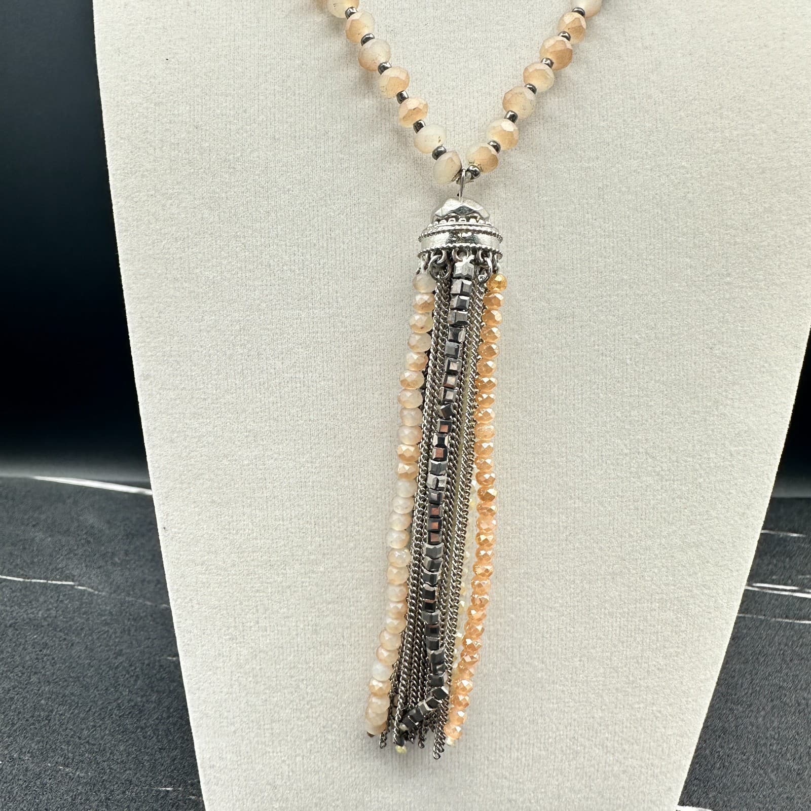 Vintage Long Beaded Tassel Necklace Multi-Color Crystal/Glass Silver Tone Chic - Thumbnail 3