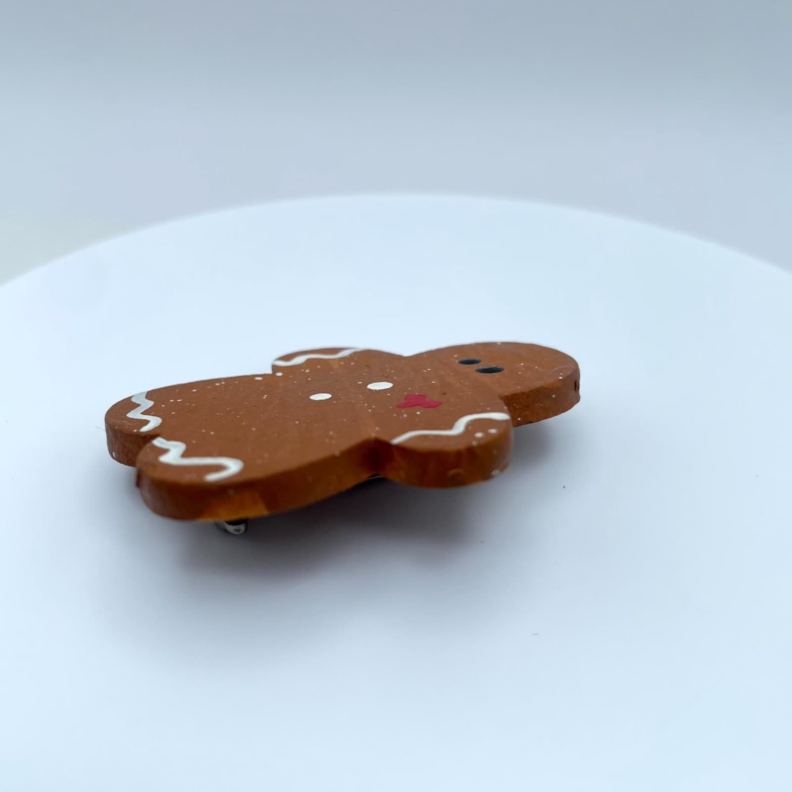 Folk Art Brown Icing Handmade Wood Holiday Cutest Gingerbread Man Brooch Pin - Thumbnail 6