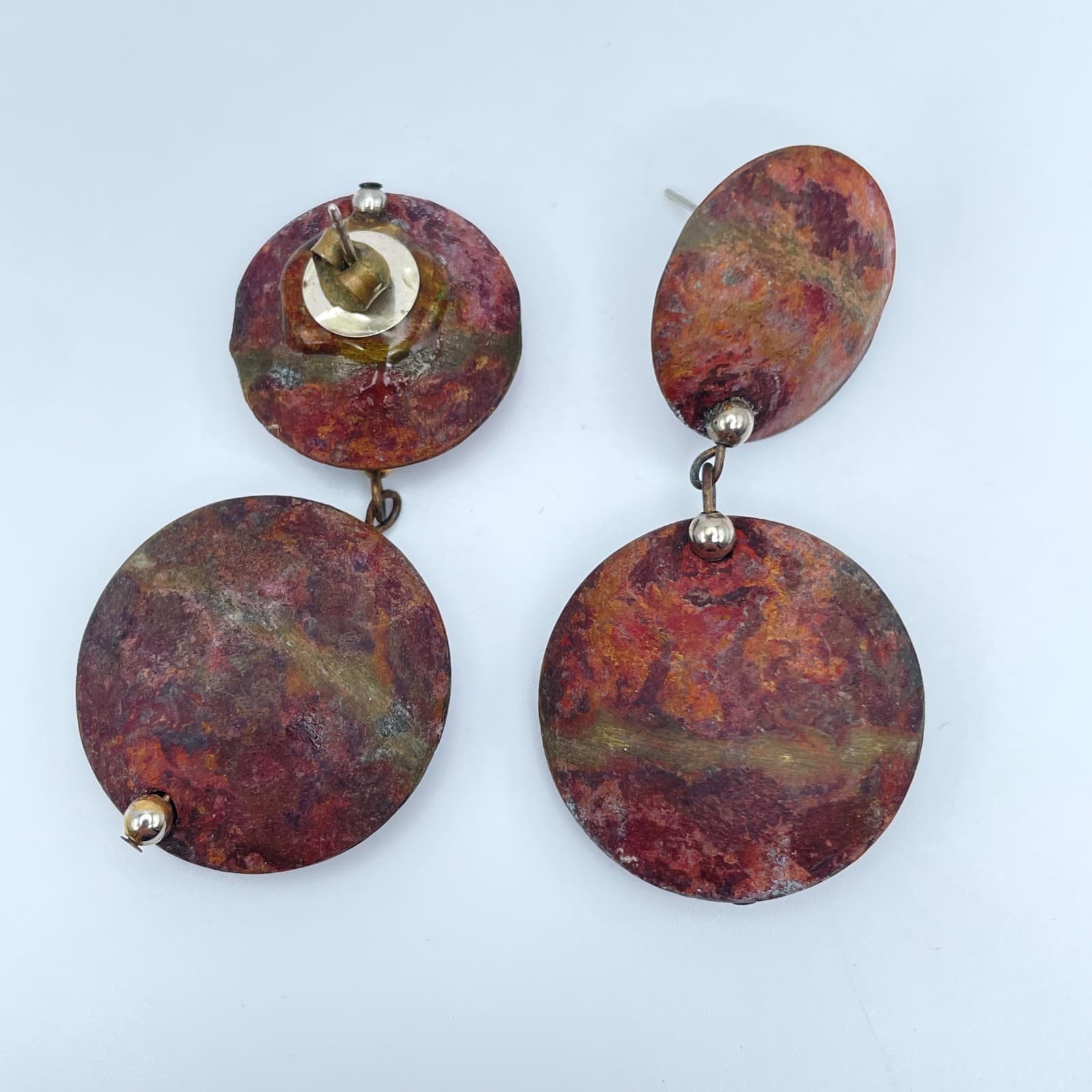 Vintage 80s Round Abstract Rust Enamel Dangle Earrings Modernist Boho Jewelry - Thumbnail 3