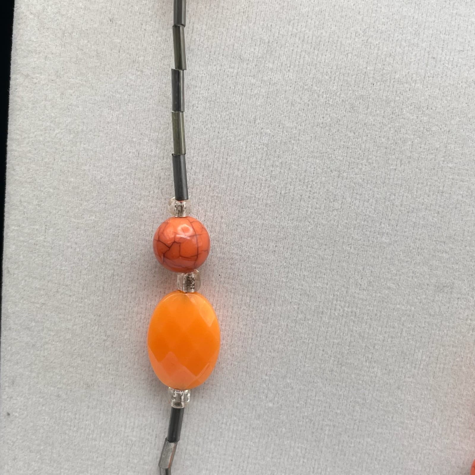 Vintage Long Necklace Orange Acrylic Resin Tube Beads Silver Tone Modern Boho - Thumbnail 7