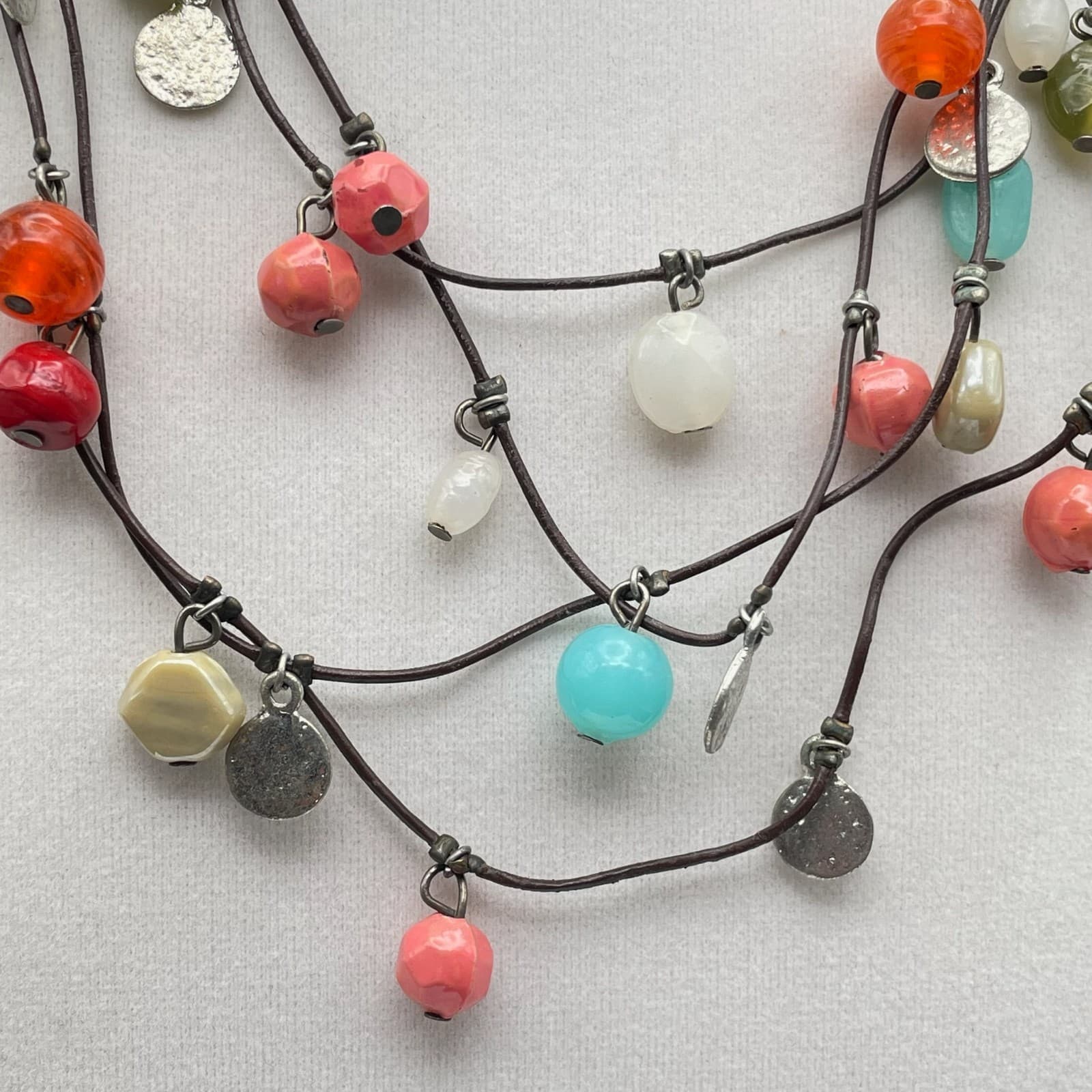 Vintage Boho Multi-Strand Cord Necklace Colorful Bead Dangle Silver Tone Discs - Thumbnail 4