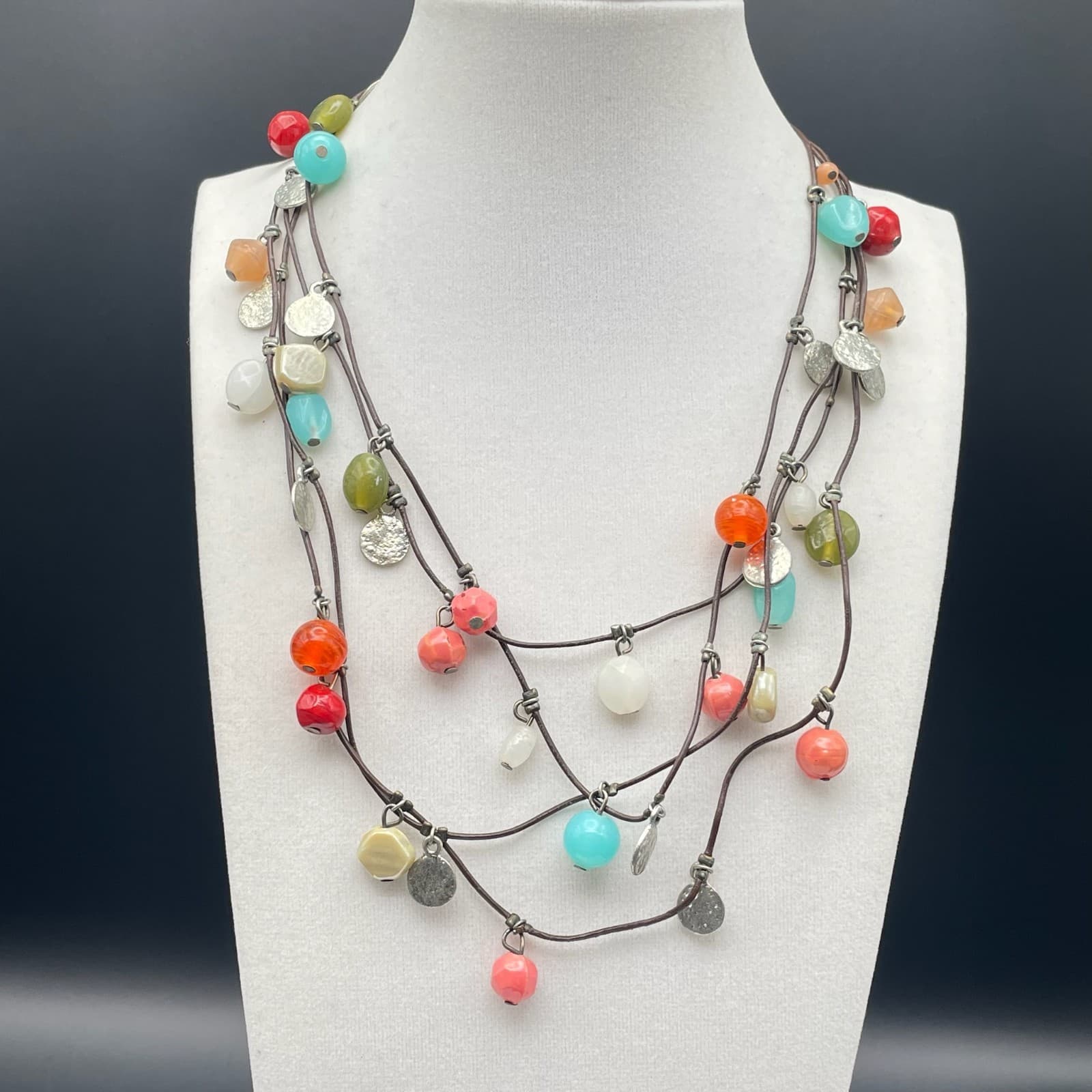 Vintage Boho Multi-Strand Cord Necklace Colorful Bead Dangle Silver Tone Discs - Image 1