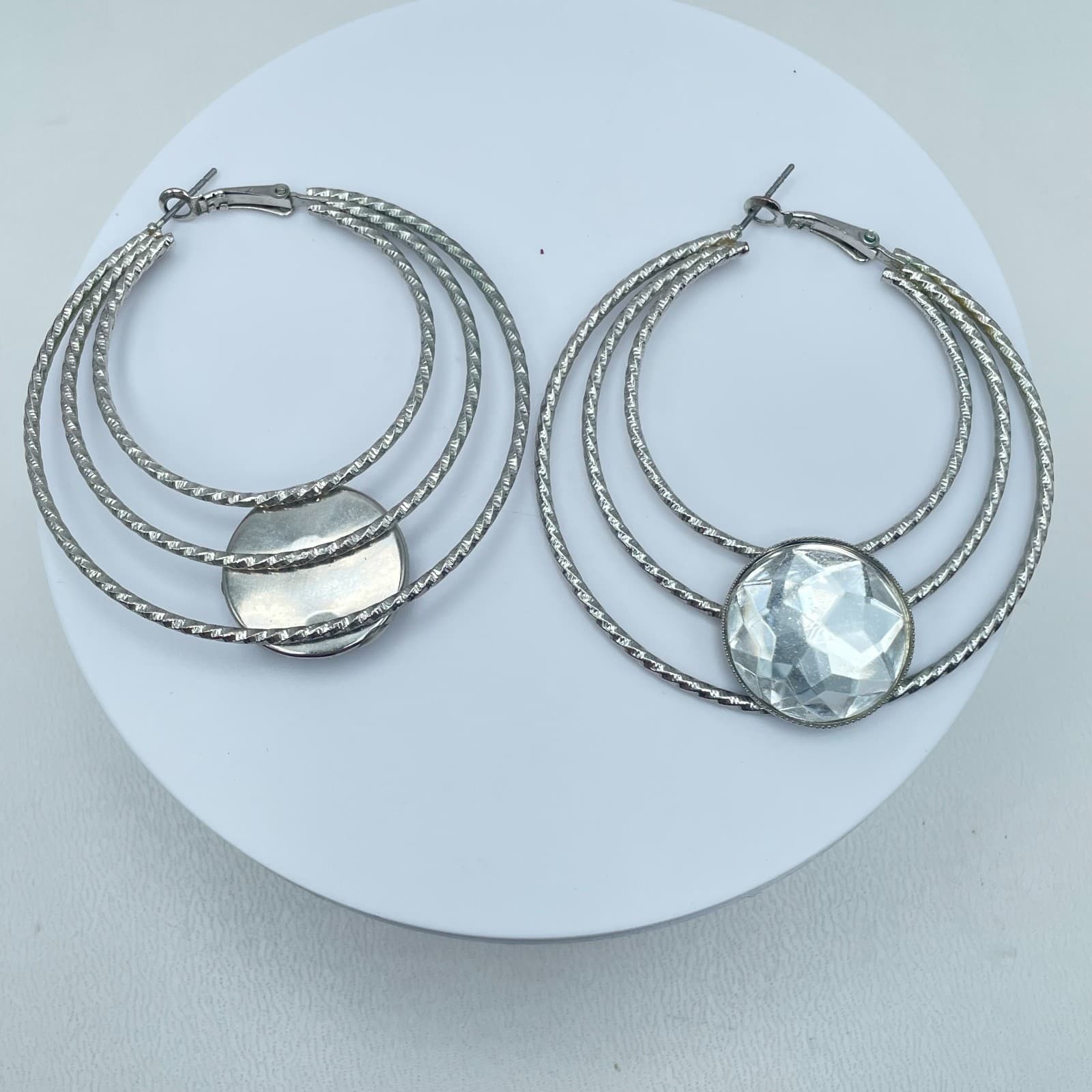 Vintage 80s Silver Tone Triple Hoop Earrings Clear Glass Women's Classic Jewelry - Thumbnail 2