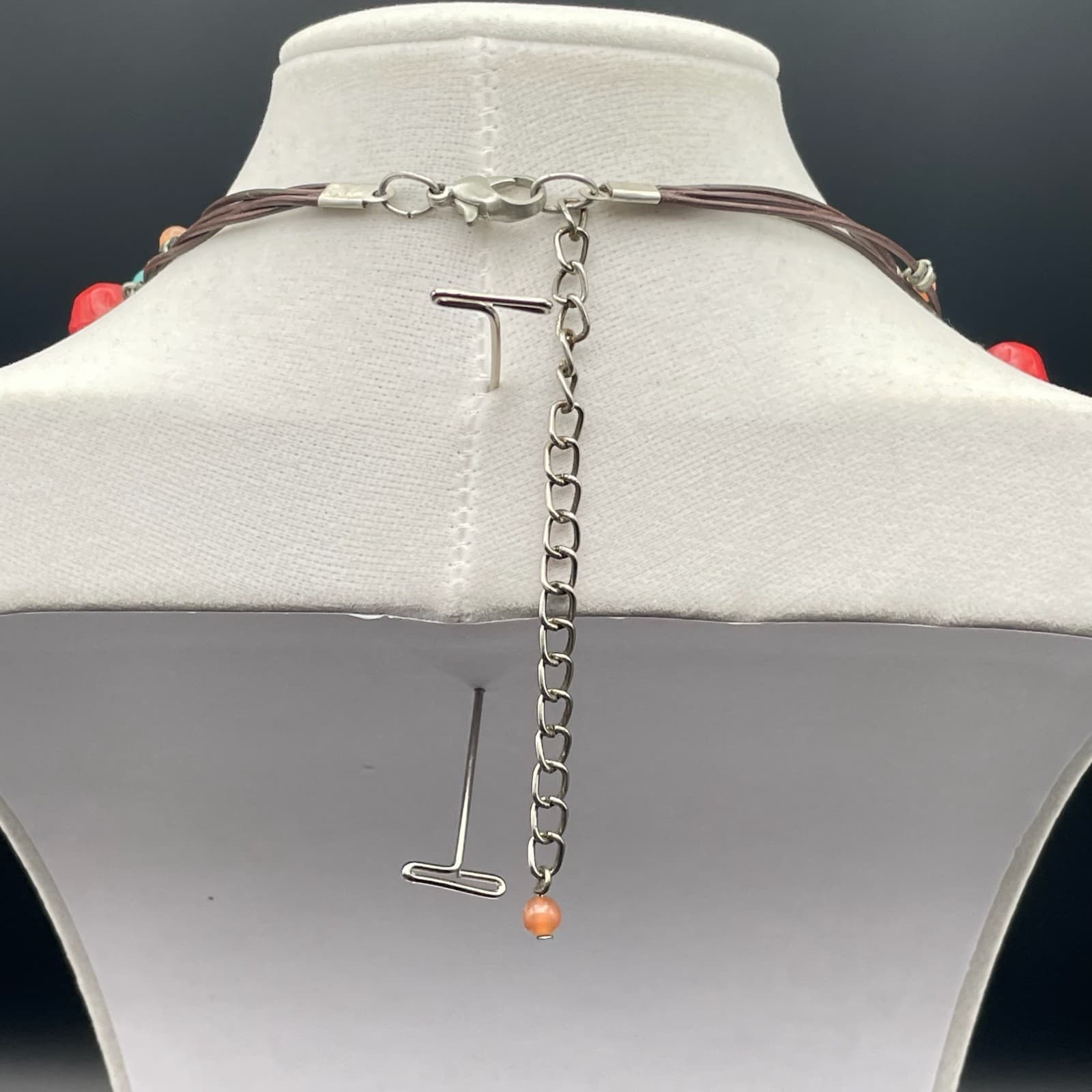 Vintage Boho Multi-Strand Cord Necklace Colorful Bead Dangle Silver Tone Discs - Thumbnail 9