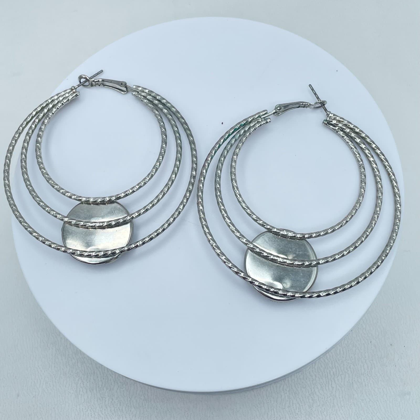 Vintage 80s Silver Tone Triple Hoop Earrings Clear Glass Women's Classic Jewelry - Thumbnail 3