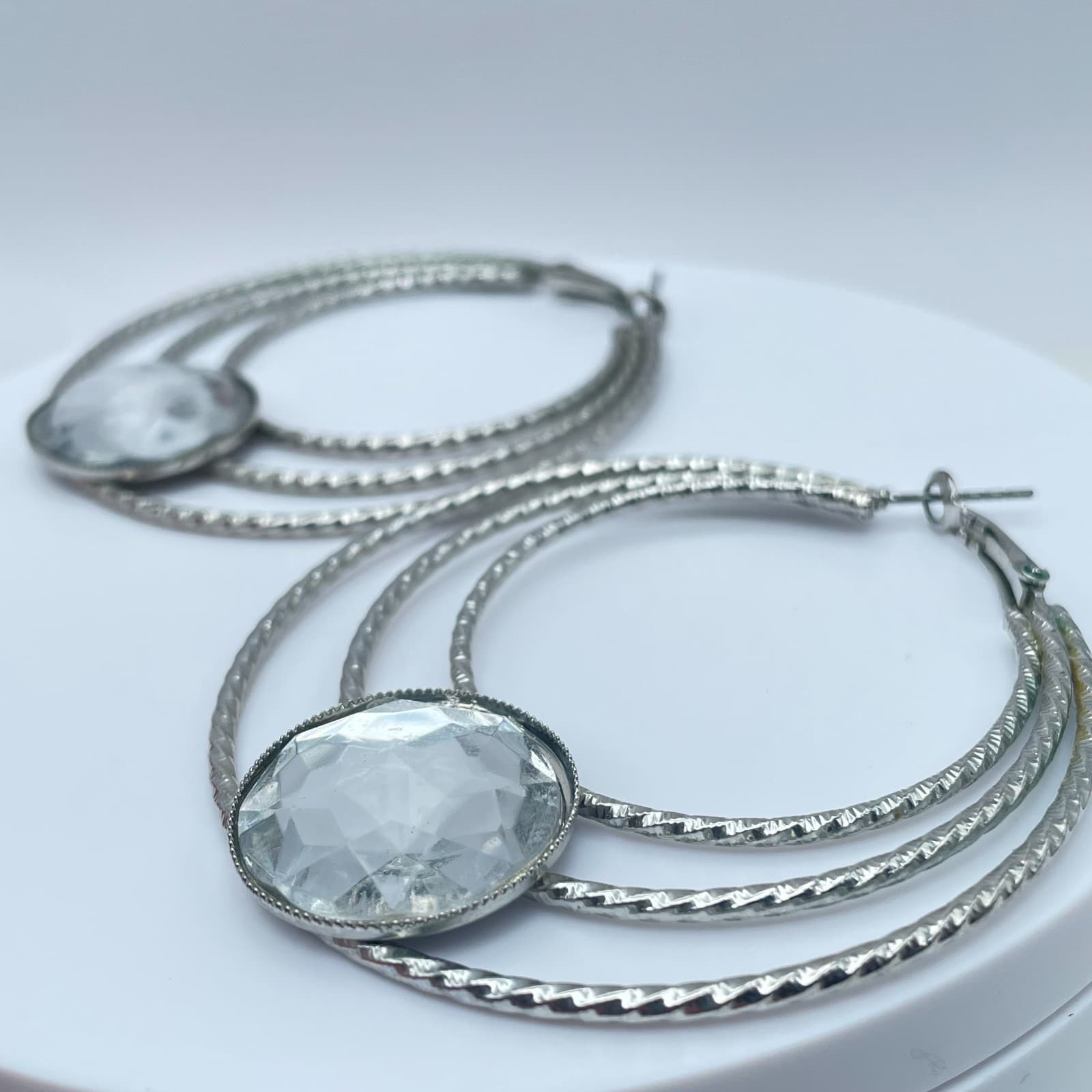 Vintage 80s Silver Tone Triple Hoop Earrings Clear Glass Women's Classic Jewelry - Thumbnail 5