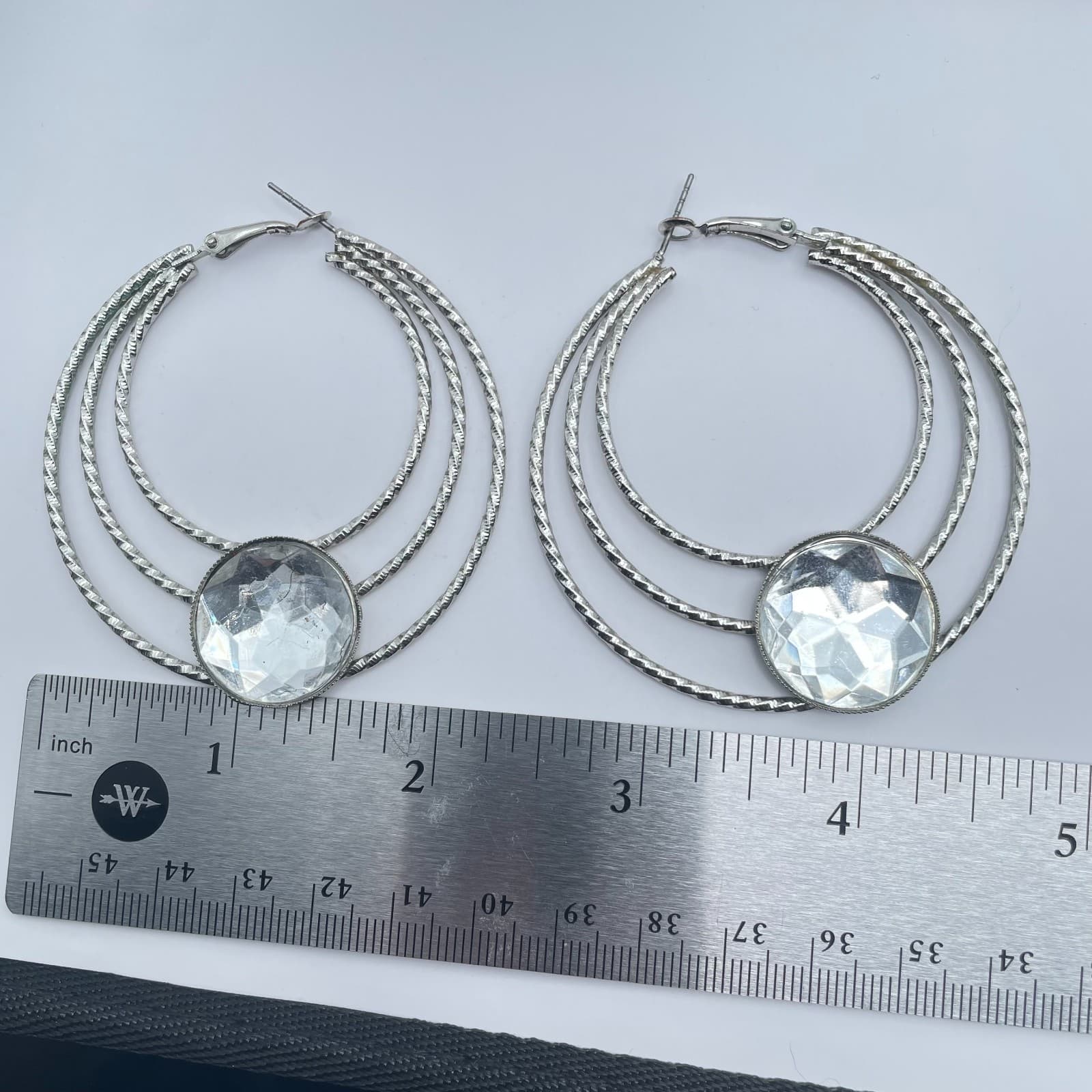 Vintage 80s Silver Tone Triple Hoop Earrings Clear Glass Women's Classic Jewelry - Thumbnail 10