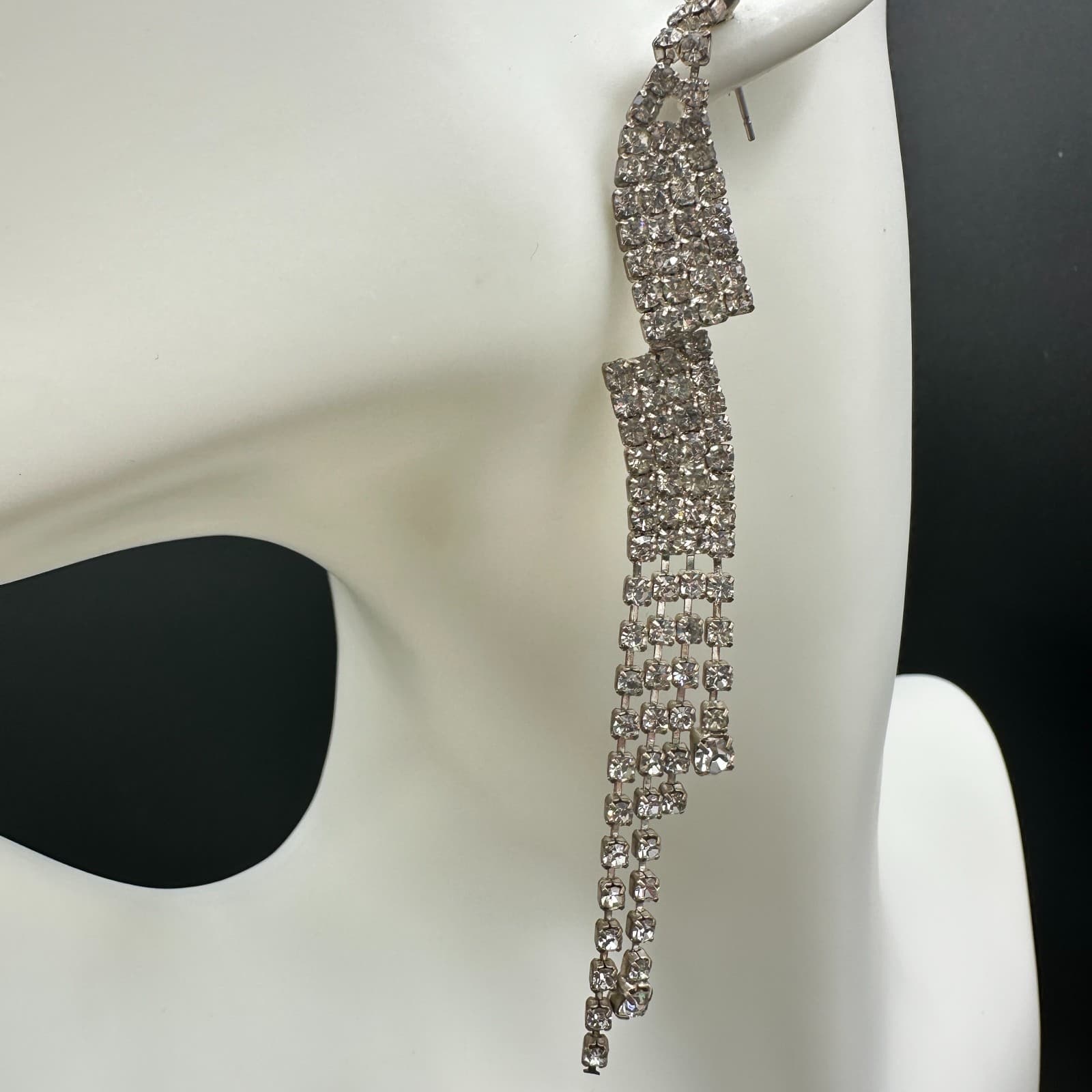 VTG Long Waterfall Earrings Clear Rhinestone Silver Tone Dangle Sparkle Party - Thumbnail 3