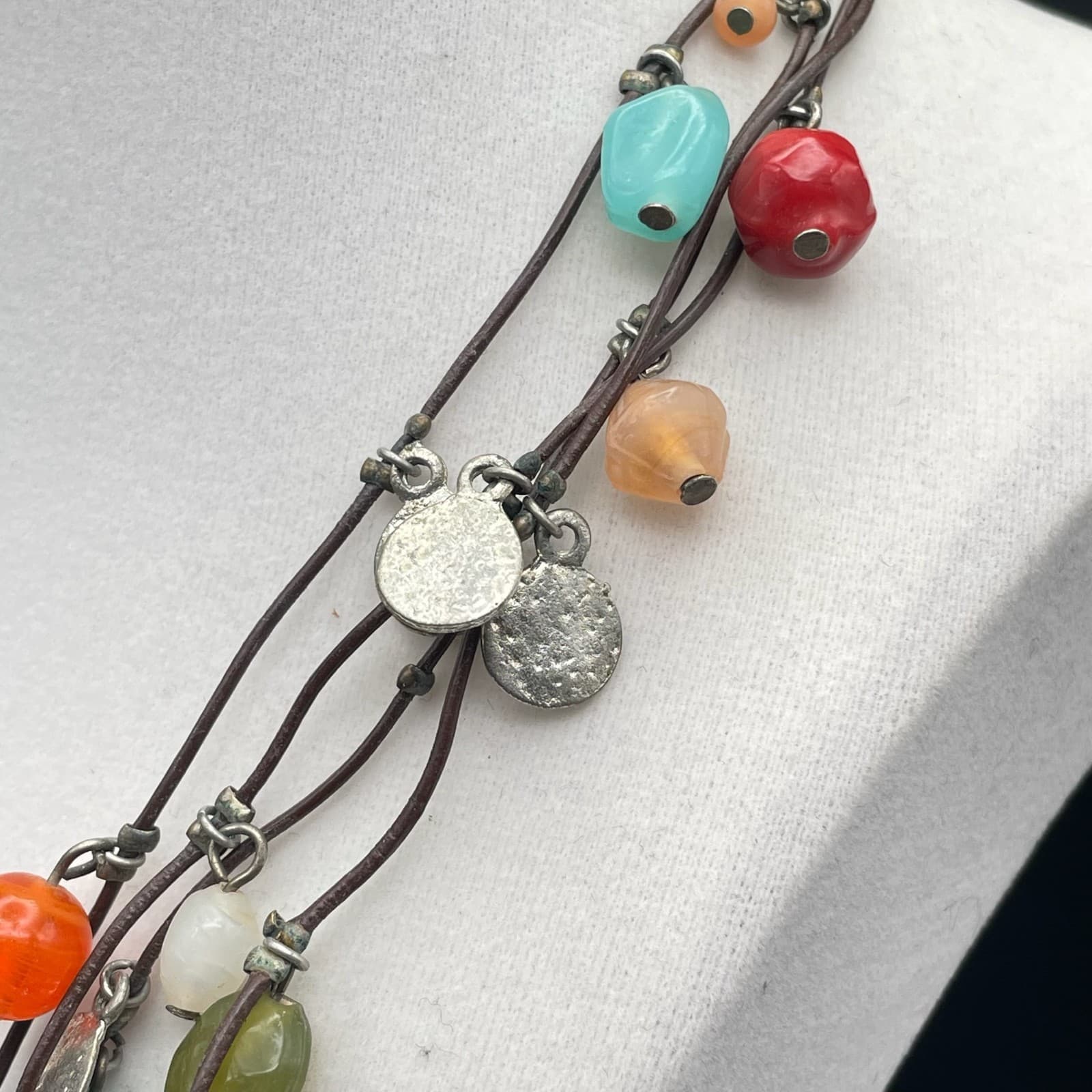 Vintage Boho Multi-Strand Cord Necklace Colorful Bead Dangle Silver Tone Discs - Thumbnail 8