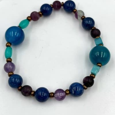Vintage Beaded Stretch Bracelet Blue Purple Green Round Beads Gold Tone Spacers - Image 1