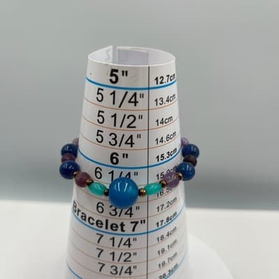 Vintage Beaded Stretch Bracelet Blue Purple Green Round Beads Gold Tone Spacers - Thumbnail 6