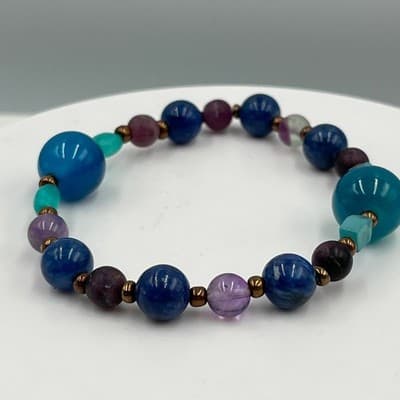 Vintage Beaded Stretch Bracelet Blue Purple Green Round Beads Gold Tone Spacers - Thumbnail 4