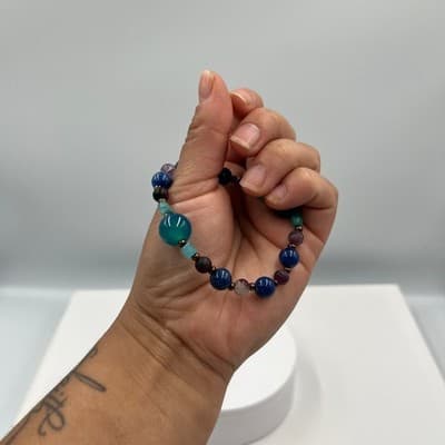 Vintage Beaded Stretch Bracelet Blue Purple Green Round Beads Gold Tone Spacers - Thumbnail 5