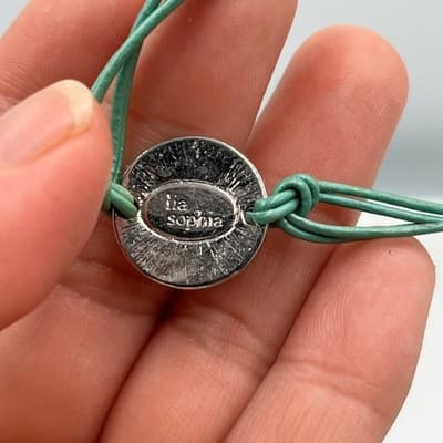 Vintage Lia Sophia Green Cord Bracelet Pave Crystal Disc Charm Adjustable Chain - Thumbnail 6