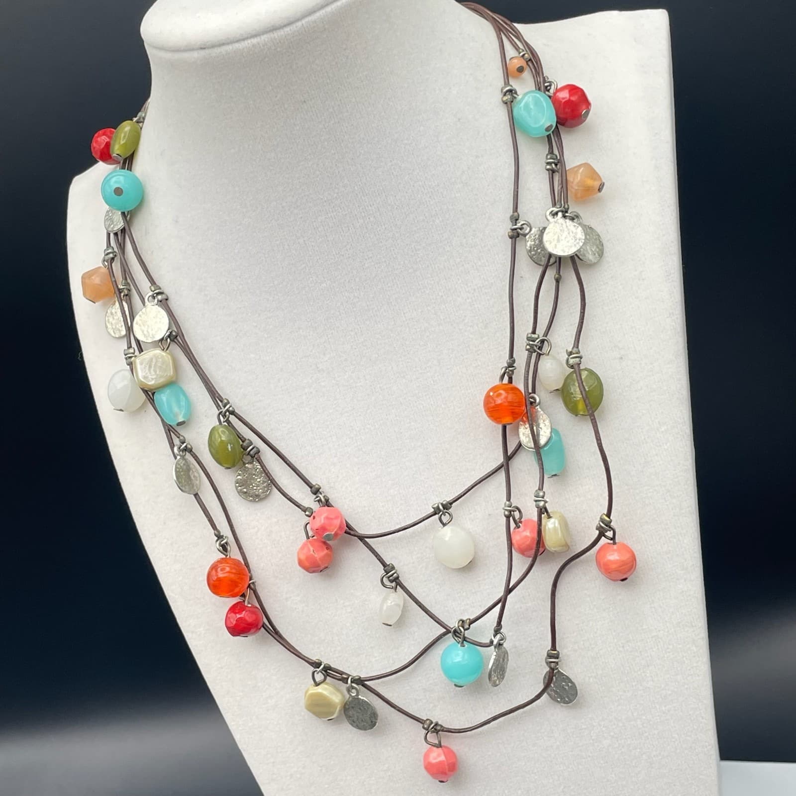 Vintage Boho Multi-Strand Cord Necklace Colorful Bead Dangle Silver Tone Discs - Thumbnail 5
