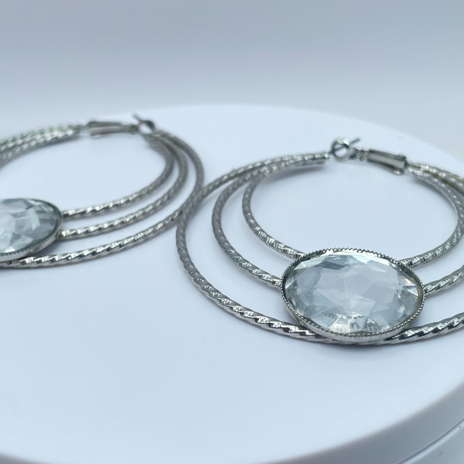 Vintage 80s Silver Tone Triple Hoop Earrings Clear Glass Women's Classic Jewelry - Thumbnail 4