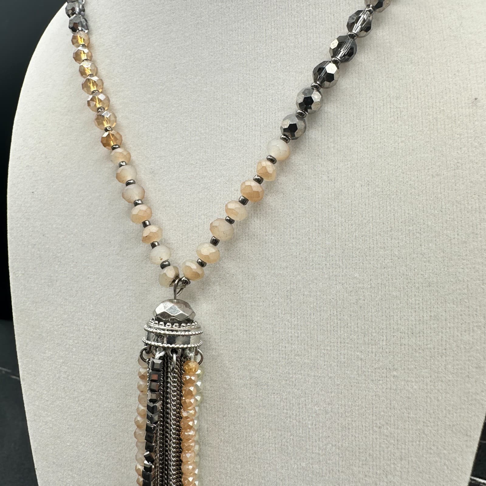 Vintage Long Beaded Tassel Necklace Multi-Color Crystal/Glass Silver Tone Chic - Thumbnail 7