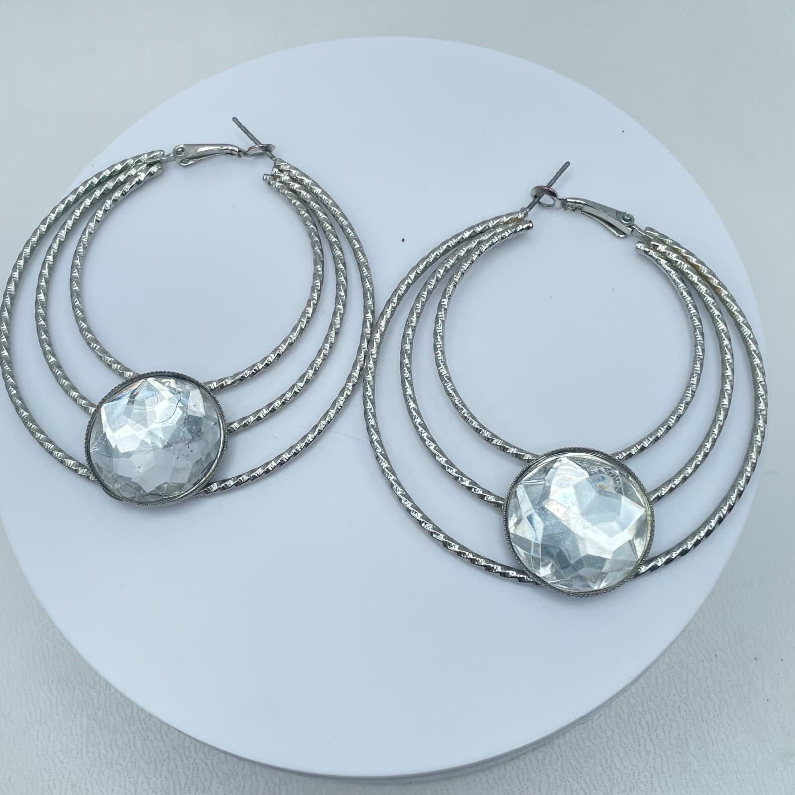 Vintage 80s Silver Tone Triple Hoop Earrings Clear Glass Women's Classic Jewelry - Image 1