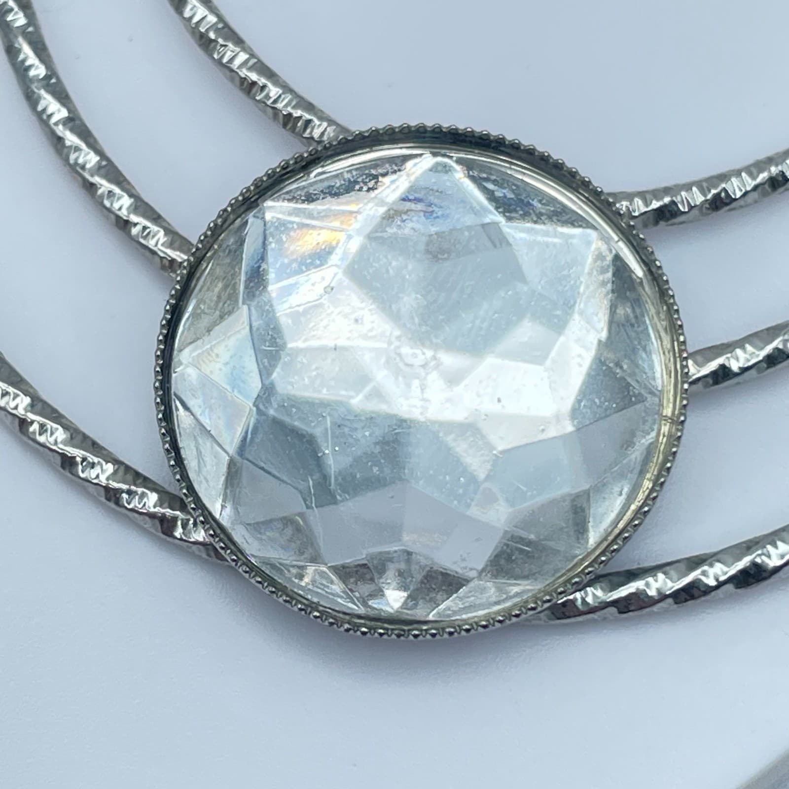 Vintage 80s Silver Tone Triple Hoop Earrings Clear Glass Women's Classic Jewelry - Thumbnail 8